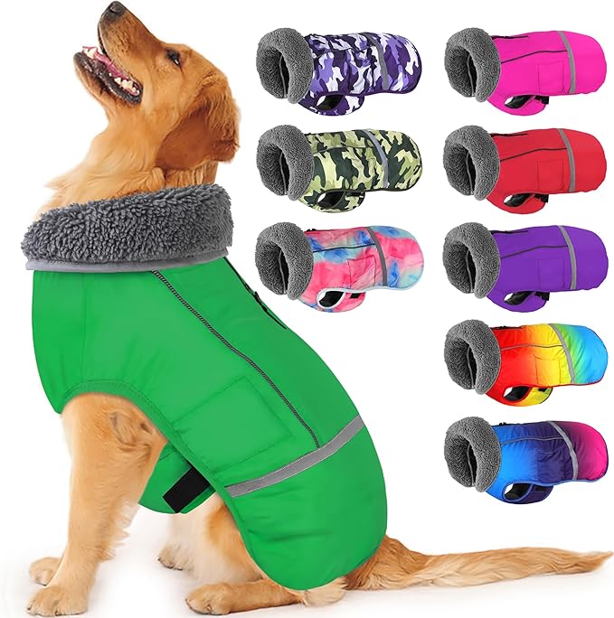 Dogcheer Warm Dog Coat, Waterproof Dog Jacket Christmas Puppy Winter Coat with Buckle, Reflective Adjustable Pet Snow Jacket Turtleneck Fleece Sweater for Small Medium Large Dogs - Green, 3XL