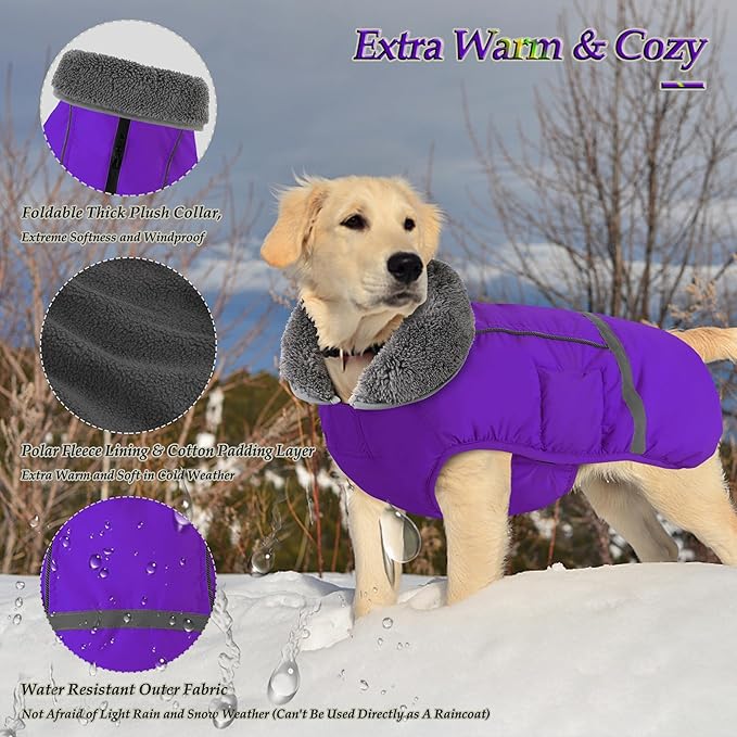 Dogcheer Warm Dog Coat, Christmas Dog Jacket Waterproof Puppy Winter Coat with Buckles, Reflective Adjustable Pet Snow Jacket Turtleneck Fleece Sweater for Small Medium Large Dogs - Purple, 2XL