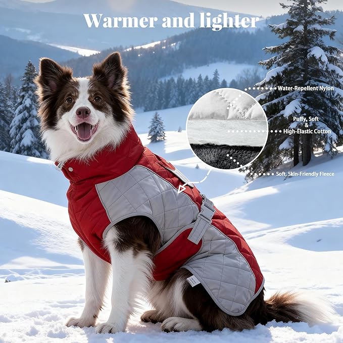 Dog Coat Dogs Winter Coat- Fleece Lined,Water-Resistant,Convertible Collar,Back Reflective Strip&Easy to Wear for Outdoor Walking Dog-Jacket(Red, X-Large)