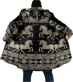 Mens Aztec Print Hoodie Heavyweight Cotton Fleece Jacket Zip Up Warm Long Sleeve Hooded Winter Midi Coat