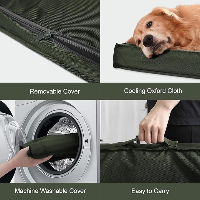 Outdoor Large Washable Dog Bed, Orthopedic Egg Crate Foam Dog Crate Mat for Large Dogs with Removable Oxford Cooling Cover, Dark Green