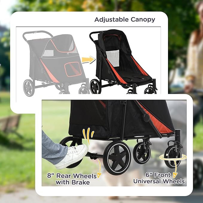PawHut Dog Stroller for Large Medium Small Dogs up to 66 Lbs. 23.5" in Body Length, One-Click Foldable Pet Cat Stroller with Storage, Shock Absorption Wheels, Mesh Window, Safety Leash, Black