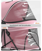 Pet Stroller with 4 Wheels for Small/Medium Pets, Portable Travel Foldable Carrier Jogger for Dog Cat Puppy Kitty, Rear Wheel Breaks, Storage Basket, Visible Mesh with Weather Cover (Pink)