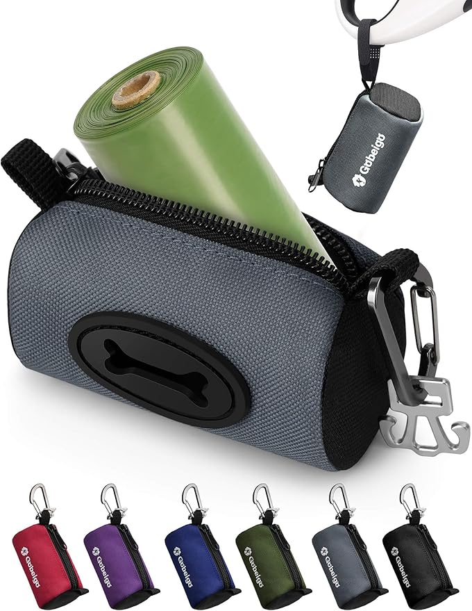 Gobeigo Dog Poop Bag Holder for Leash, Large Opening for Easy Pull Out, Doggy Poo Bag Dispenser with Used Waste Bag Carrier Suitable for Any Retractable Leash with 15 Unscented Bags (Gray)