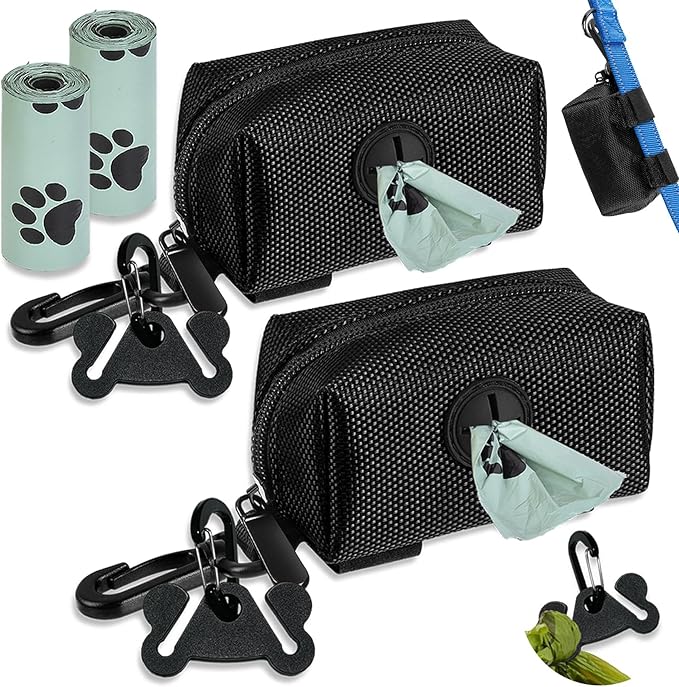 Dog Poop Bag Dispenser for Leash Accessory, 2 Packs (Black), 16 Rolls, Hand Free Holder & Bag, Fits Dog Leash, Animal Waste
