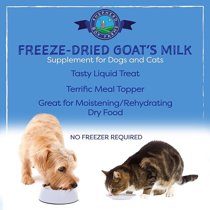 Shepherd Boy Farms Freeze Dried Raw Goats Milk with Probiotics for Dogs & Cats (Golden Blend), Organic USA Veggies & Fruits, High Protein, Digestible Goat Milk Powder, Food Toppers - Makes 16 FL OZ