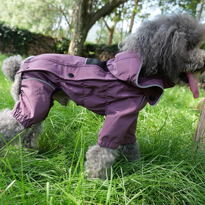 LOVELONGLONG Waterproof Dog Raincoat with Removable Hood – Outdoor Full Body Dog Jacket, Windproof Snowproof Shell Suit – All Season Pet Rain Gear Plum Purple L