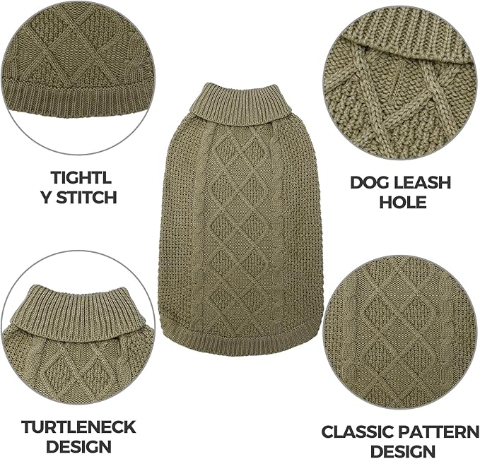 Mihachi Turtleneck Dog Sweater - Winter Coat Apparel Classic Cable Knit Clothes with Leash Hole for Cold Weather, Ideal Gift for Pet in New Year Army Green New M