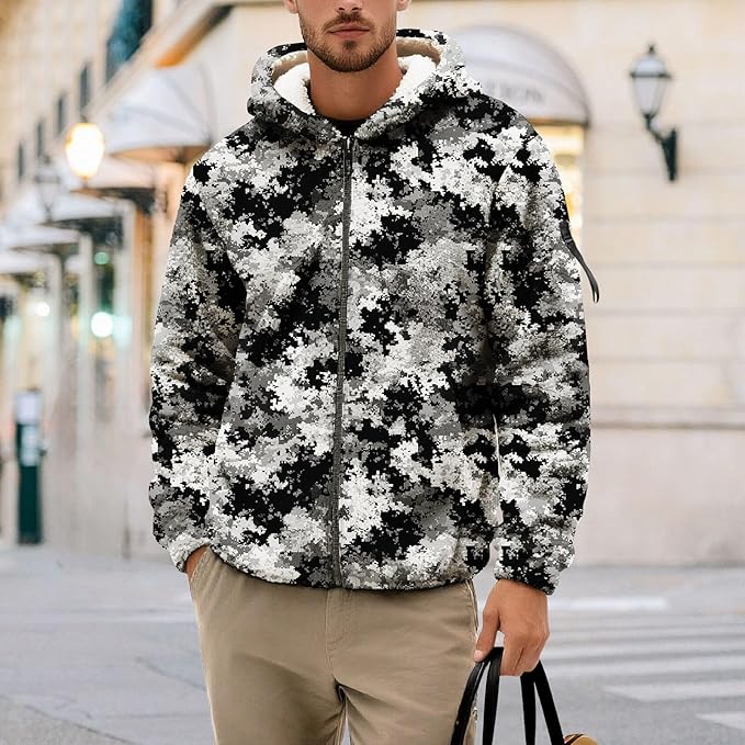 Men's Camouflage Hunting Fleece Lined Hoodie Camo Jackets Zip Up Long Sleeve Casual Winter Coats Hood Outerwear