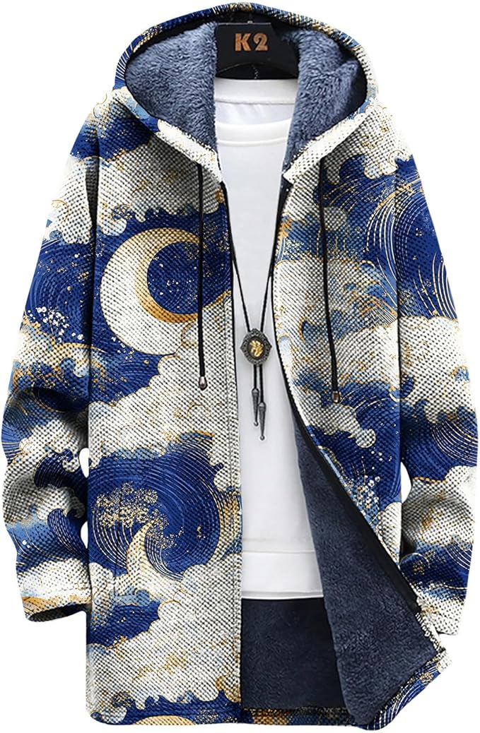 Mens Long Cardigan Hoodies Full Zip Fleece Lined Jackets Fashion Knitted Color Block Hooded Coat with Pockets