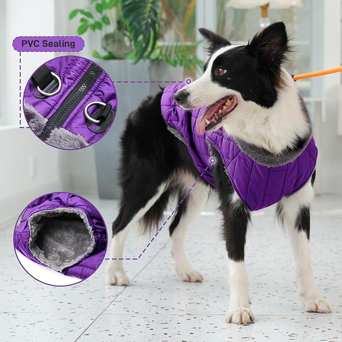 Warm Fleece Dog Coats with Durable Harness Buitl in D-Ring,Waterproof Puppy Jacket for Small Dogs,Dog Vest for Cold Winter,Purple XS