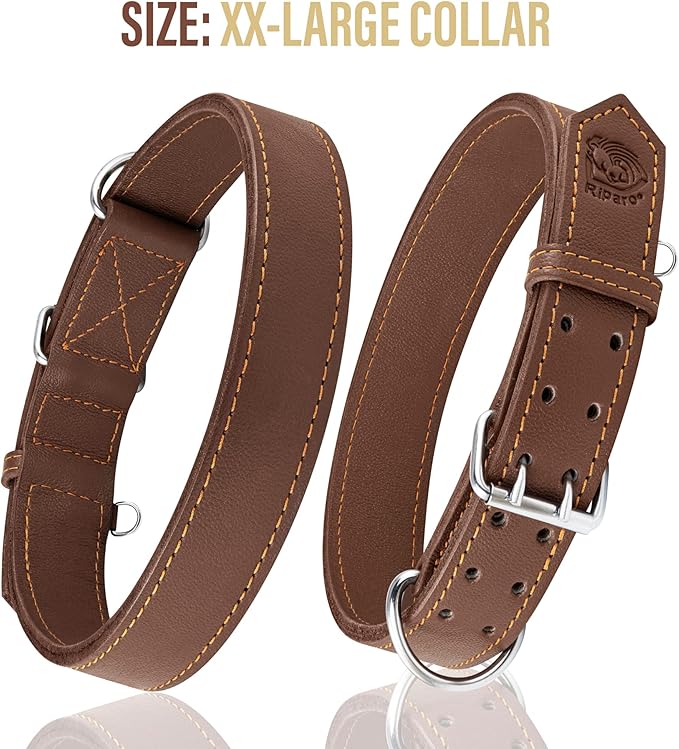 Riparo Dog Collar - Genuine Leather Dog Collars - Heavy Duty Dog Collars for Medium Large and Extra Large Dog Breeds (M: 1” Wide for 14” - 18” Neck, Brown)