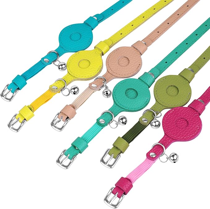 OOPSDOGGY Cat Collar for AirTag Holder, Leather Kitten Collars with Elastic Strap & Bell, Non Breakaway Adjustable Small Pet Collars for Indoor & Outdoor for Boy, Girl (Light Blue)