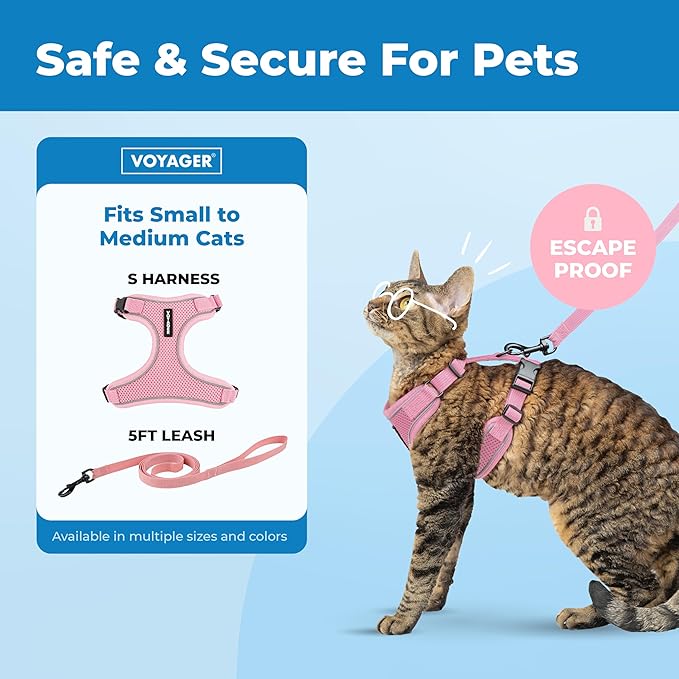 Best Pet Supplies Voyager Escape Proof Cat Harness and Leash Set with Reflective Stitching, Neoprene Handle 5ft - Supports Small, Medium and Large Cats, Kittens - Pink, M (Chest: 16.5-19.5")