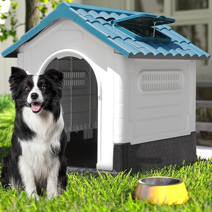 DWVO 33.1'' Plastic Foldable Dog House for Small and Medium Dogs, Waterproof Folding Pet House with Adjustable Top Window and Elevated Base (33.1''L x 27.6''W x 30''H)
