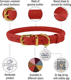 BronzeDog Rolled Leather Dog Collar with QR ID Tag, Adjustable Soft Round Collars for Small Medium Large Dogs Puppy (14" - 16" Neck Size, Classic Red)
