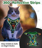 Halypet Cat Harness and Leash Set for Walking, Escape Proof Adjustable Vest Harness with 3-in-1 Integrated Buckles, Easy Control Soft Breathable Mesh with Reflective Strips for Cats, S Green Monster