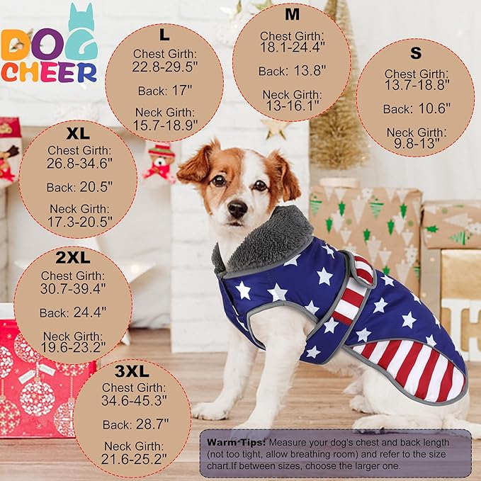 Dogcheer Dog Coat, American Flag Dog Jacket Waterproof Puppy Winter Coat for Cold Weather, Reflective Adjustable Pet Snow Jacket Fleece Sweater for Small Medium Large Dogs - USA Flag, M