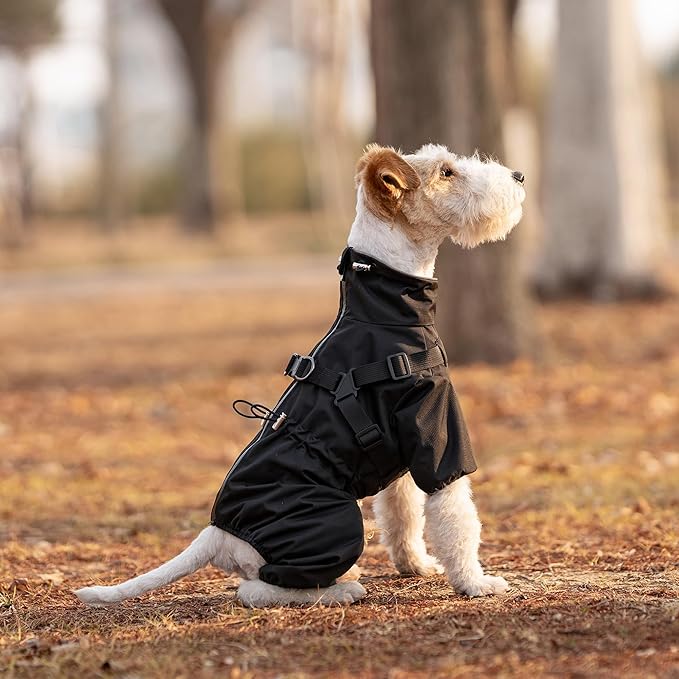 Mile High Life Waterproof Dog Raincoat, Full Coverage Small Dog Rain Coat with Harness, Adjustable 4 Legs Puppy Rain Jacket with Reflective Strip and Elastic Cuffs (Black, XS Back Length 11.4")