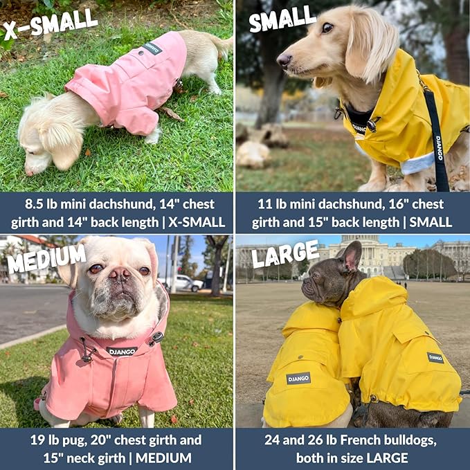 DJANGO Highland Dog Jacket & Raincoat – Water-Repellent, Lined Dog Coat with Hood, Adjustable Fit & Harness Hole – Lightweight Rain & Wind Jacket for Small & Medium Dogs up to 30 lbs (Pink, Medium)
