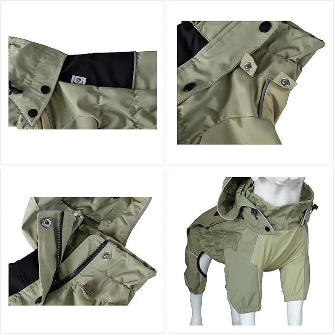 LOVELONGLONG Waterproof Dog Raincoat with Removable Hood – Outdoor Full Body Dog Jacket, Windproof Snowproof Shell Suit – All Season Pet Rain Gear Sage Green XXL