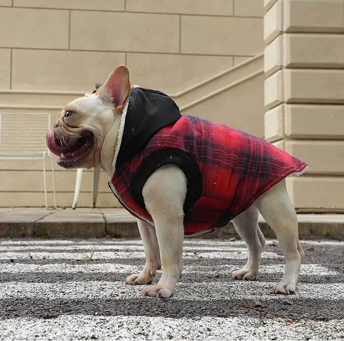 Fleece Lining Dog Hoodie for Large Dogs Extra Warm Plaid Sweater with Drawstring Hooded Coats in Winter Doggie Jacket,Red XXL