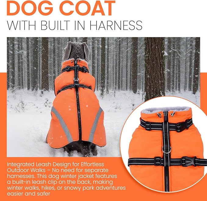 QBLEEV Dog Coat for Medium Dogs, Waterproof Dog Winter Coat with Built-in Harness and D-Ring, Zip Up Pet Cold Weather Coats with Fleece Lined, Warm Snowsuit Gear Vest for Pug Boston Terrier, Orange, M
