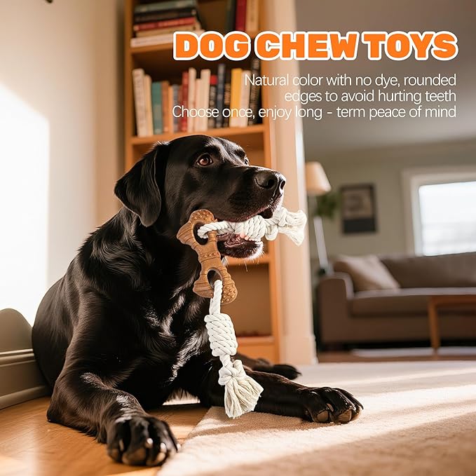 Dog Rope Toy for Aggressive Chewers, Tug and Teething Toy with Natural Cotton Rope and Wood-Plastic Bone, Durable Chew Toy for Medium to Large Dogs 20-60lb