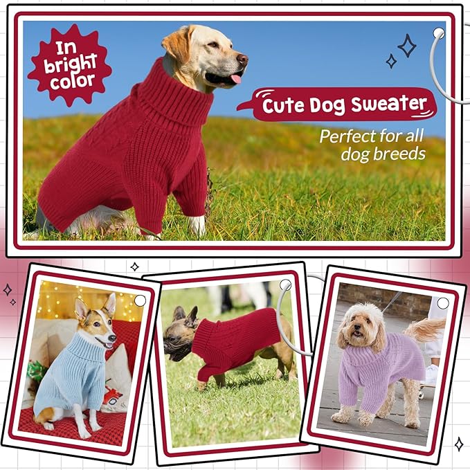 Queenmore Dog Sweater, Puppy Sweater for Small Dogs,Warm Winter Fall Dog Sweaters for Dog Girls Boys, Solid Turtleneck Knit Sweater for Large Medium Dogs,Long Sleeves Christmas Dog Sweater Red,L