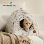 CATISM Cat Bed, Cat Cave for Indoor Cats, Soft Cat Dome, Self-Warming 2 in 1 Foldable Pet Cat House with Washable Cushioned Pillow Calming Fluffy Dog Beds for Small Dogs with Anti-Slip Bottom Brown