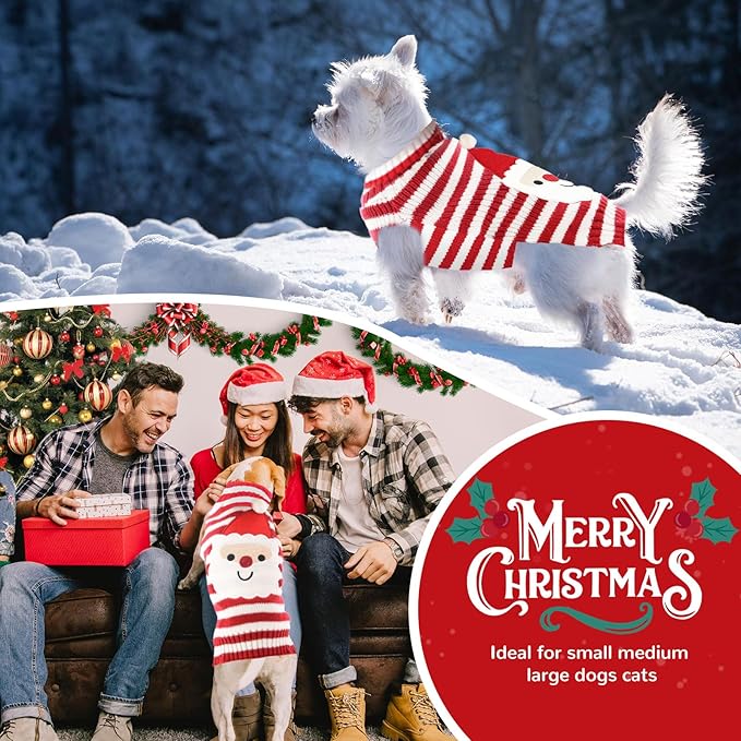 PETCARE Santa Dog Sweater Christmas Funny Cute Red Striped Cat Sweater Vest Pet Holiday Dog Clothes Puppy Sweaters for Small Medium Large Dogs Cats Fall Winter Outfits Xmas Dogs Costume,XX-Small