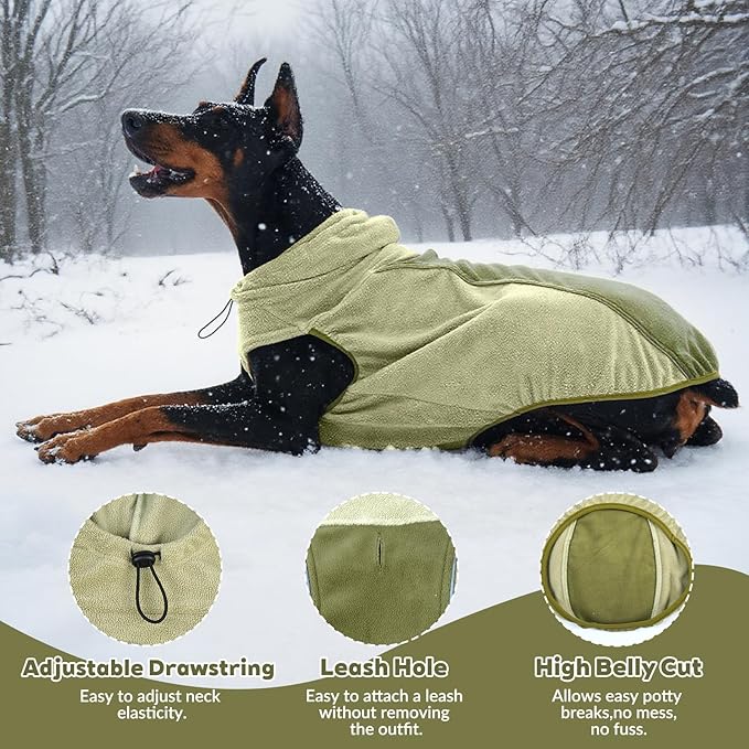 IECOii Dog Fleece Sweater for Medium Dogs, Dog Pullover Sweatshirt with Leash Hole & Reflective Stripes, Stretchable & Cozy Dogs Hoodie Windproof Hooded Sweaters for Fall Winter Walks, Green, L