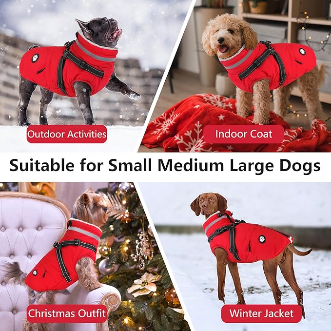 Dogcheer Dog Coat with Harness, Waterproof Dog Jacket, Christmas Puppy Winter Coat with Pocket, Reflective Doggy Turtleneck Puffer Vest for Small Medium Large Dogs - Red, M