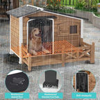 Heated Dog House for Outdoor Use with Matel Frame, Waterproof Design & Heating Blanket - All-Weather Wooden Kennel with Sliding Window & Metal Frame (Brown-H, L)
