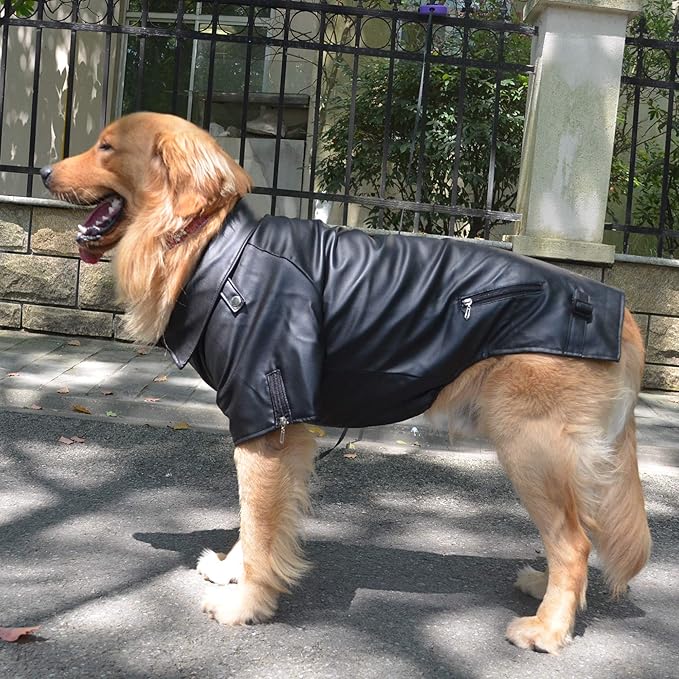 Lovelonglong Cool Dog Leather Jacket, Warm Coats Dogs Windproof Cold Weather Coats for Pugs Bulldog Pitbull Black B-S