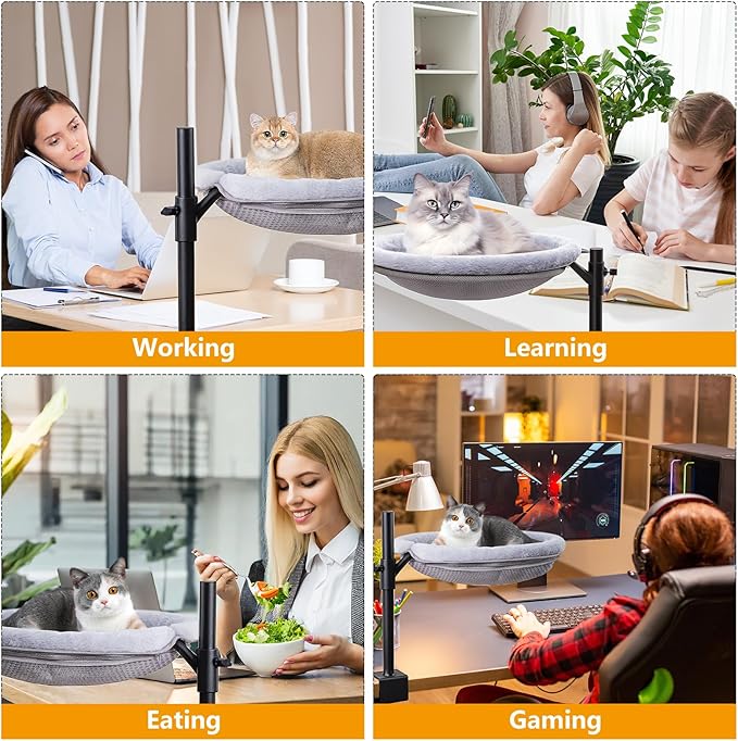 Cat Desk Bed,Sturdy Cats Bed for Desk,360° Rotating Cat Hammock Perch with Removable Washable Cover,Height Adjustable,Holds 40lbs - Perfect for Indoor CatsPerch