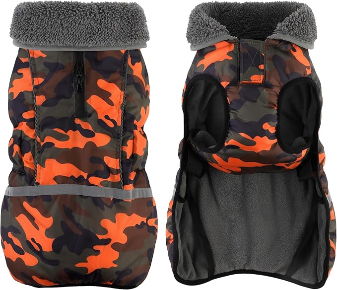 Dogcheer Warm Dog Coat, Waterproof Dog Jacket Christmas Puppy Winter Coat with Buckle, Reflective Adjustable Pet Snow Jacket Turtleneck Fleece Sweater for Small Medium Large Dogs - Orange Camo, 2XL