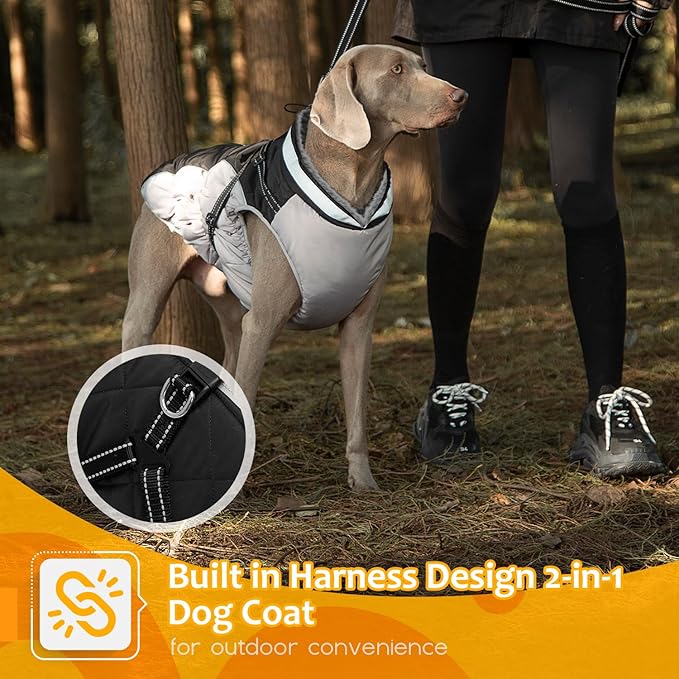 Dog Winter Coat with Harness, Dog Jacket, Pet Clothes with Zipper on Back, Waterproof Windproof Warm Vest, Reflective Cold Weather Coats, for Small Medium Large Dogs, Thick, Black, 3XL