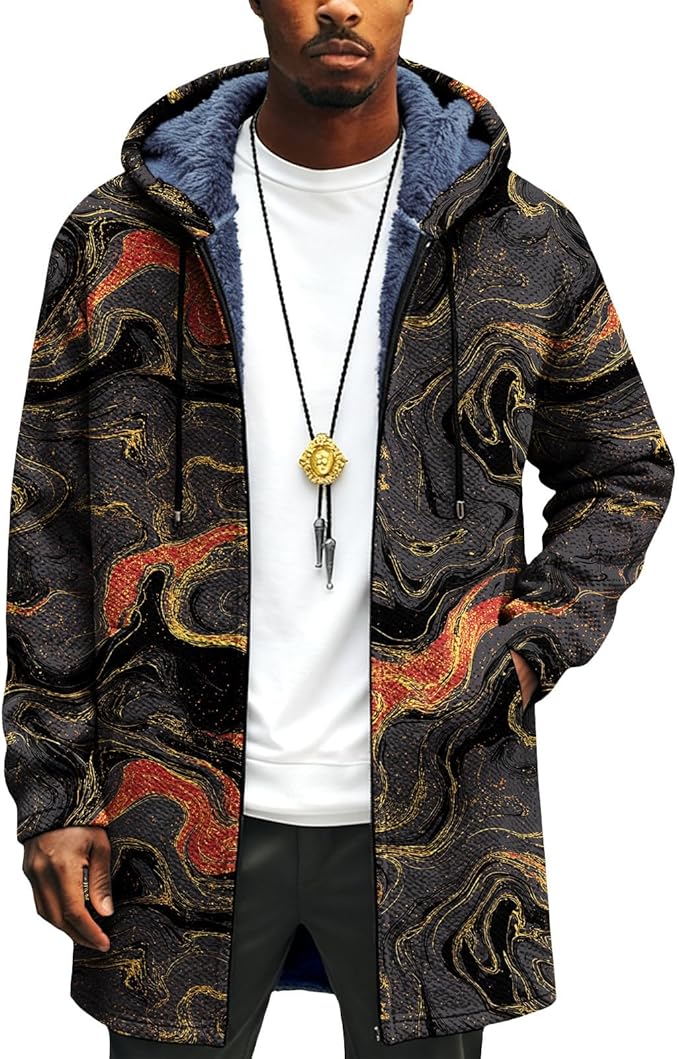 LIZALIG Long Hooded Cardigan Men Japanese Art Style Fashion Cool Graphic Coats Winter Warm Lined Fleece Jacket