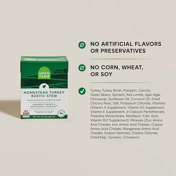 Open Farm Rustic Stews Wet Dog Food, Grain-Free, Complete & Balanced with Human-Grade Ingredients, Humanely-Raised Meat & Bone Broth, Homestead Turkey Recipe, 12.5oz Packs (Case of 12)