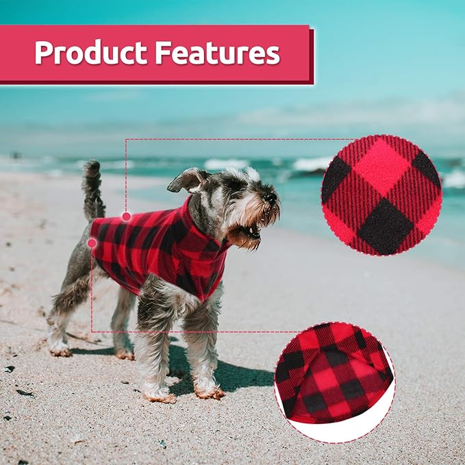 ASENKU Dog Sweater, Plaid Dogs Fleece Vest, Soft Comfortable Pet Pajamas, Warm Winter Puppy Shirt, Cold Weather Coat Jacket Pet Clothes for Small & Medium Dog Breeds, Red, S