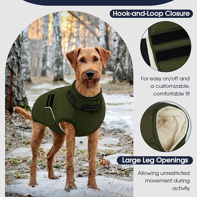 IECOii XXXL Dog Coat for Large Dogs Waterproof Dog Jacket with Collar Built in, Reflective Winter Jacket with Fleece Lined Warm Cold Weather Coats for Extra Large Dogs, Great Dane, Army Green - 3XL