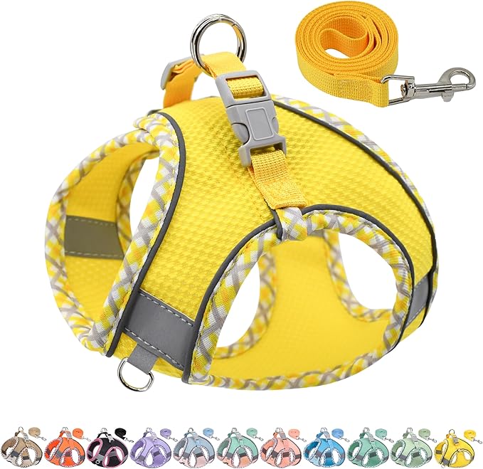 AIITLE XXS Dog Harness & Leash Set - Breathable Reflective No-Choke Small Dog Harness for Teacup Puppies, Indoor/Outdoor Use - Boston Terrier, Maltese, Chihuahua (Yellow, XXS)