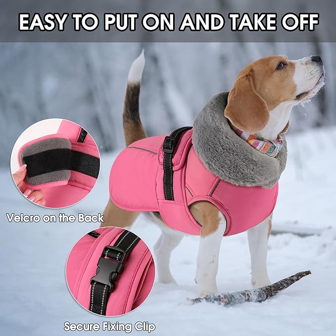 PETDSH Dog Coat Medium, Windproof Dog Jacket with Warm Fleece Lining, Thickened Collar Dogs Winter Coat, Adjustable Reflective Pet Coats for Cold Weather (Pink, Medium)