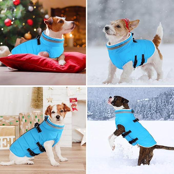 Dogcheer Dog Coat with Harness, Waterproof Dog Jacket Adjustable Pet Winter Coat with Zipper, Christmas Puppy Snow Jacket Fleece Sweater for Small Medium Large Dogs - Sky Blue 2XL
