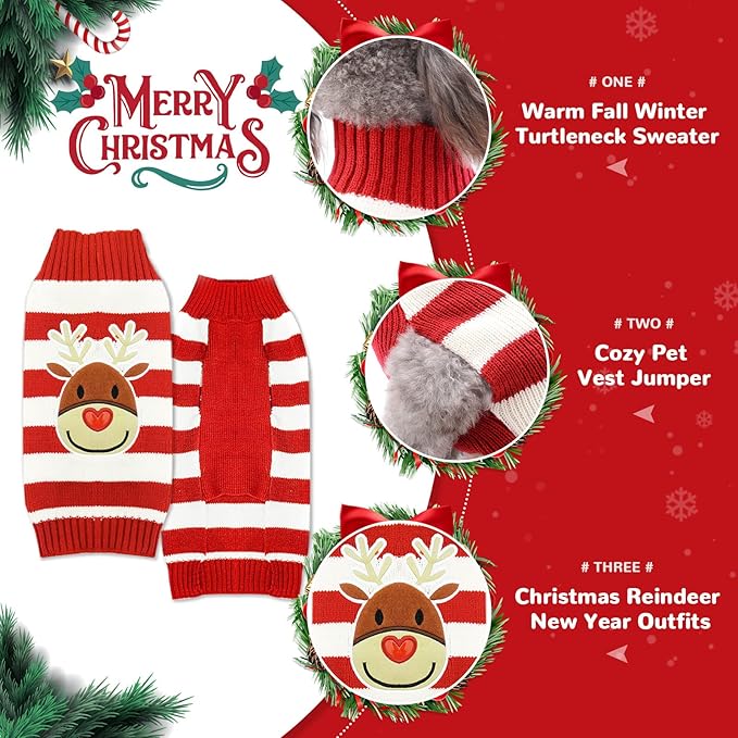PETCARE Reindeer Christmas Dog Sweater Red Striped Cat Sweater Cartoon Elk Pet Vest Holiday Dog Clothes Puppy Sweaters for Small Medium Large Dogs Cats Fall Winter Outfits Xmas Dogs Costume,XX-Small