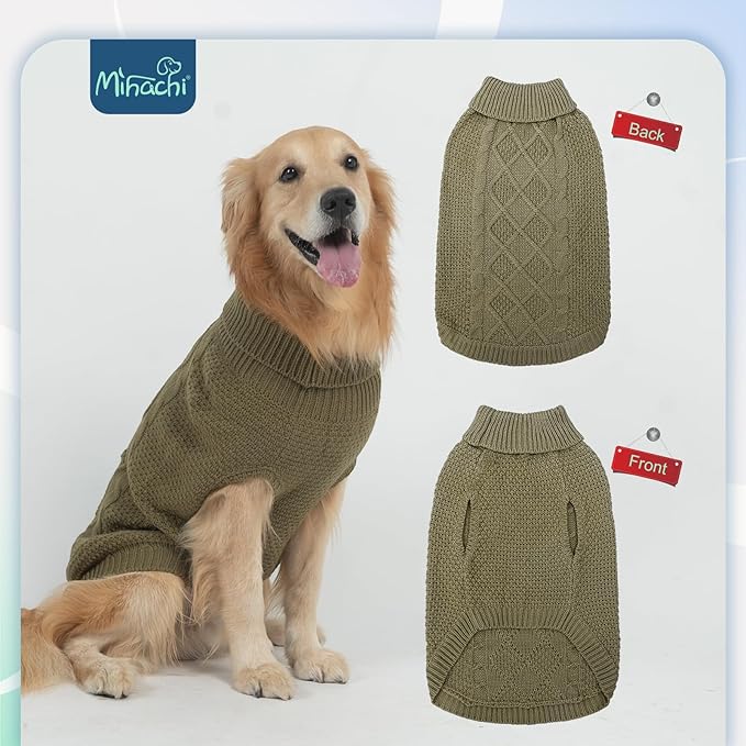 Mihachi Turtleneck Dog Sweater - Winter Coat Apparel Classic Cable Knit Clothes with Leash Hole for Cold Weather, Ideal Gift for Pet in New Year Army Green New S