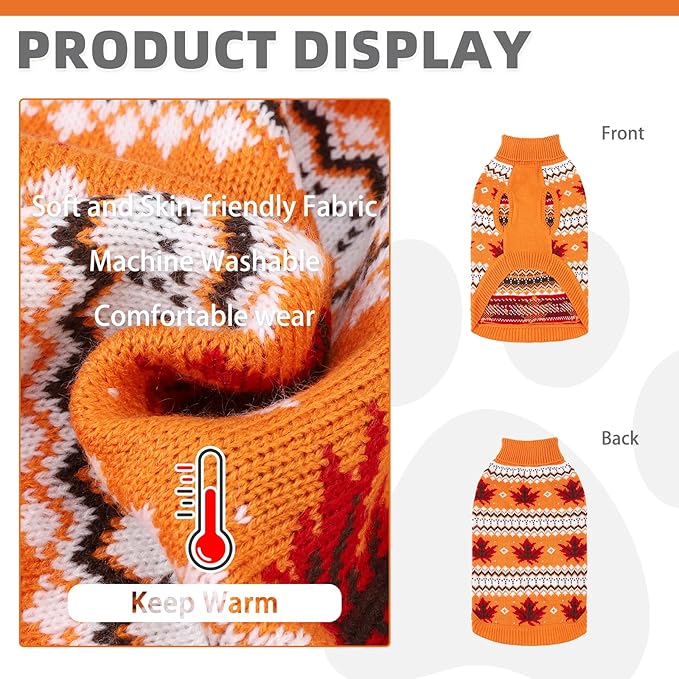 KOOLTAIL Cable Knit Dog Sweater Turtleneck, Cold Weather Pullover Classic Knitwear, Thick Warm Winter Pet Clothes, Fall Maple Leaves Thanksgiving Dog Sweater for Small Medium Large Dogs Cats, Orange M