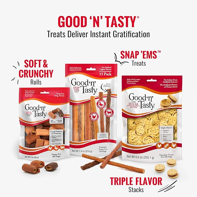 Good 'n' Tasty Triple Flavor Puree Mix-Ins Dog Food Topper Treats for All Dogs, 7 Count, Easy Single-Serve Portions, Added Protein with Tuna, Chicken and Duck (Pack of 2)