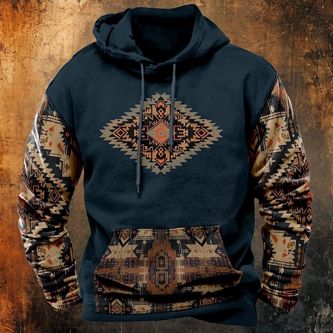 HOTYD Mens Western Aztec Sweatshirts Long Sleeve Fall Fashion Drawstring Pullover Vintage Graphic Cowboy Hoodie for Men